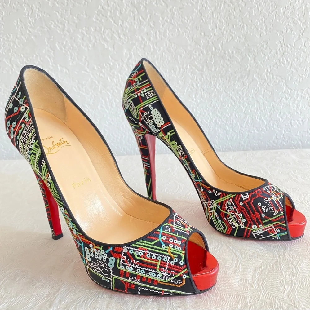 Christian louboutin embroidered peep toe platform pumps